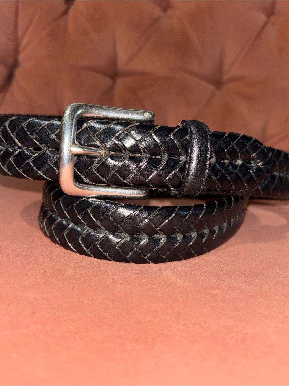 Fossil men’s black leather belt classic braided leather preppy casual office 36